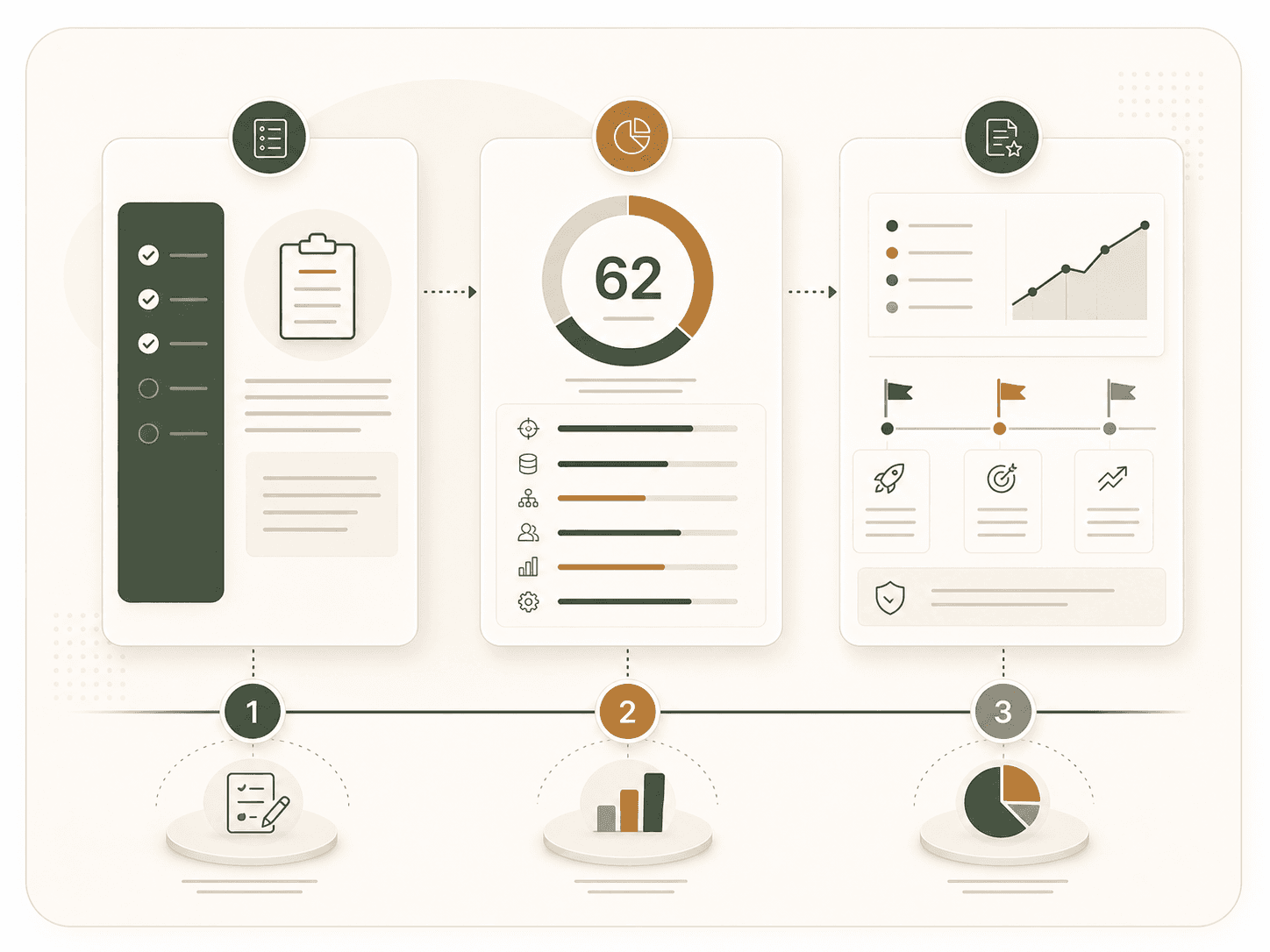 Premium editorial illustration showing the three-step flow from assessment to snapshot to action report